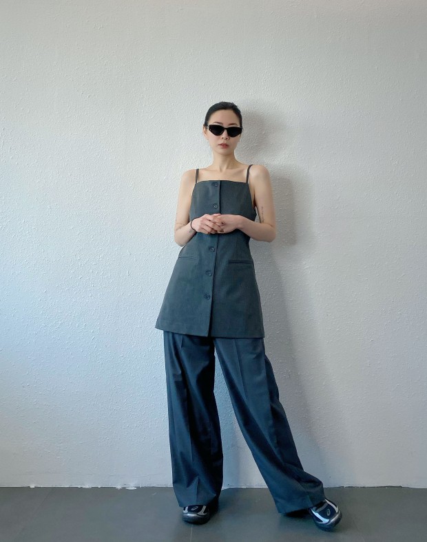Grey Longline Button Up Top #250343